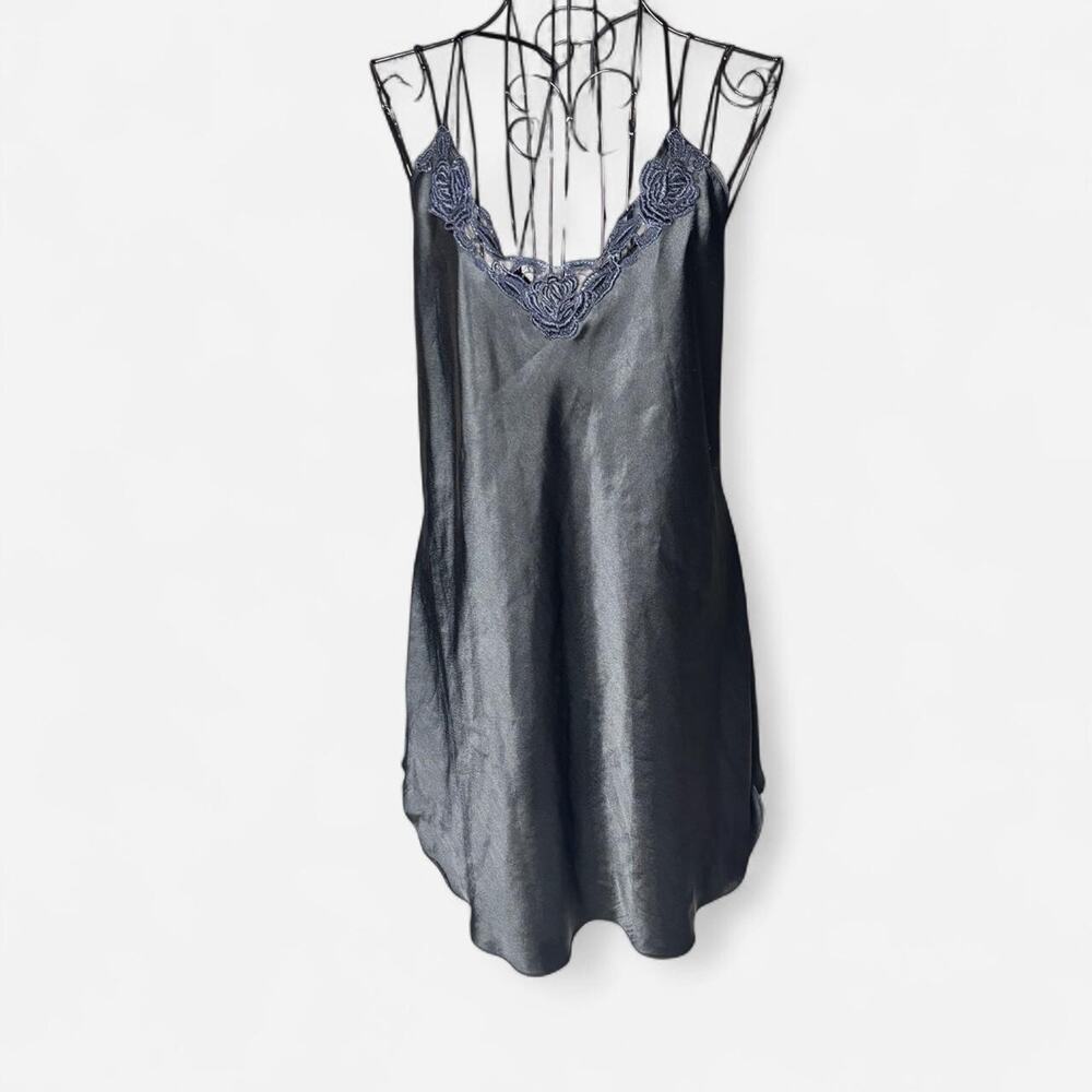 Vintage Intimate Affair California Black Navy Satin Slip Dress Lace V-Neck Large